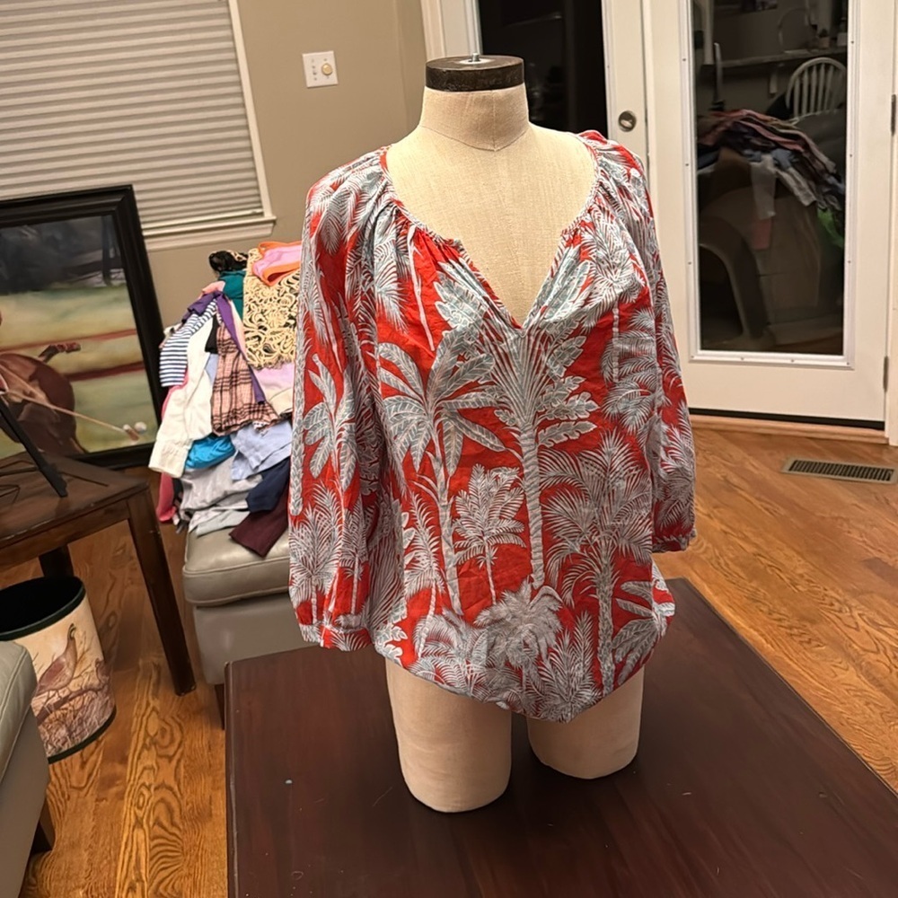 Talbots red palm print cotton blouse size large